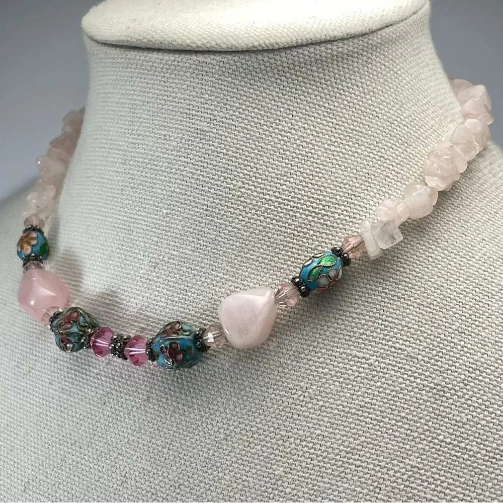 Rose Quartz Cloisonné Flower Beaded Necklace Stunning Unsigned Gemstone Unique - Picture 3 of 8